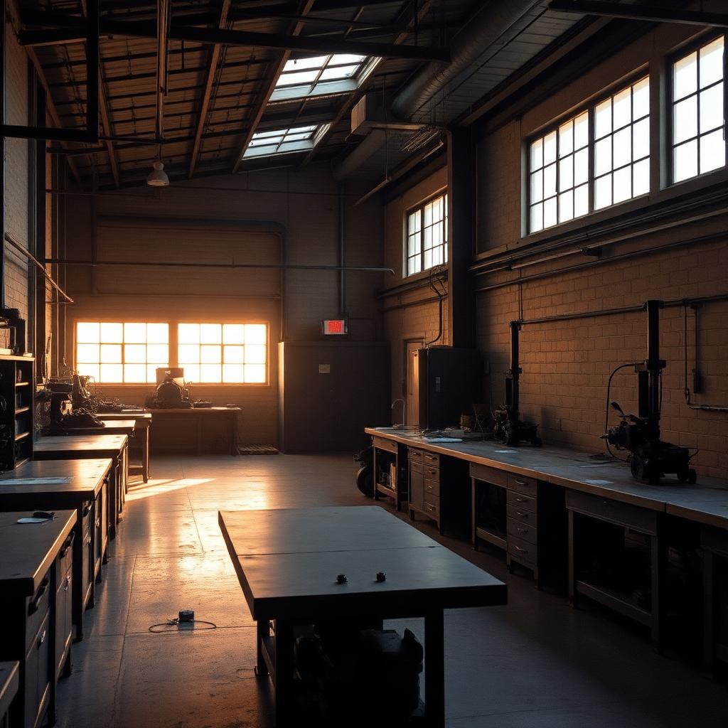 Metro Detroit small manufacturing shop floor at dawn